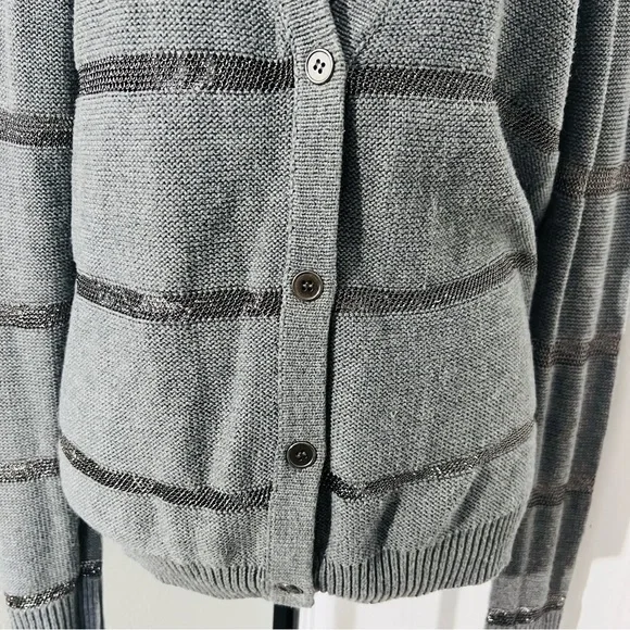 LOFT Sweater sheer silver metallic stripe V neck Size L NWOT - Picture 2 of 8